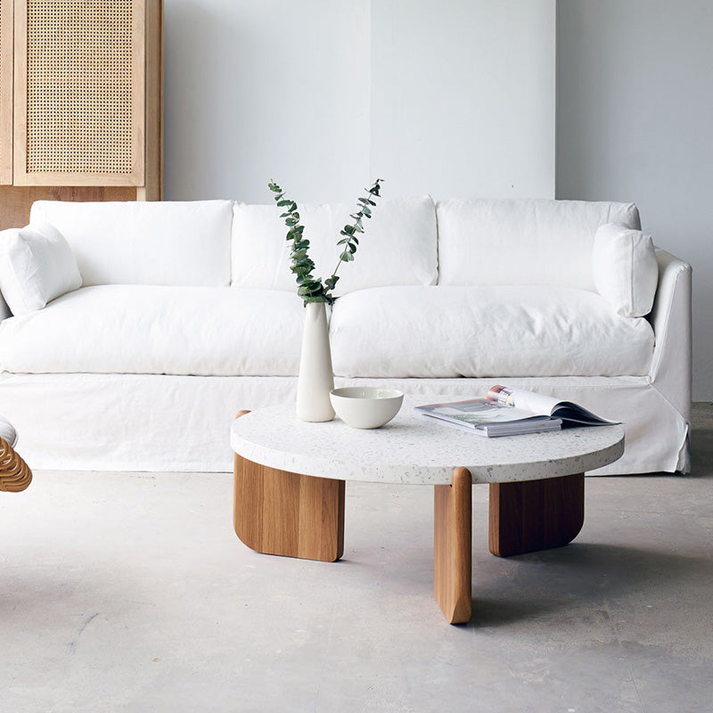 Round Terrazzo Coffee Table Minimalist Wooden 3 Legs Cocktail Table