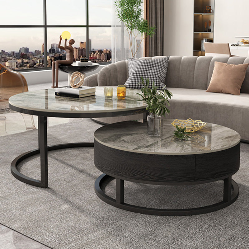 Round Slate Top Coffee Table Frame Coffee Cocktail Table with Drawers