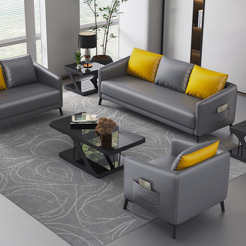 Mid-Century Modern 3-Seater Sofa Faux Leather Square Arm Sofa with Storage
