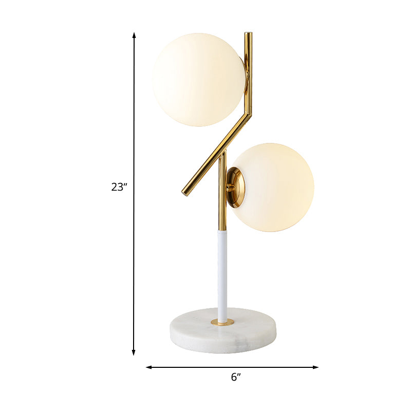 Lámpara de mesa con forma de globo de cristal opalino, lámpara de mesita de noche contemporánea de 2 luces en blanco con base de mármol