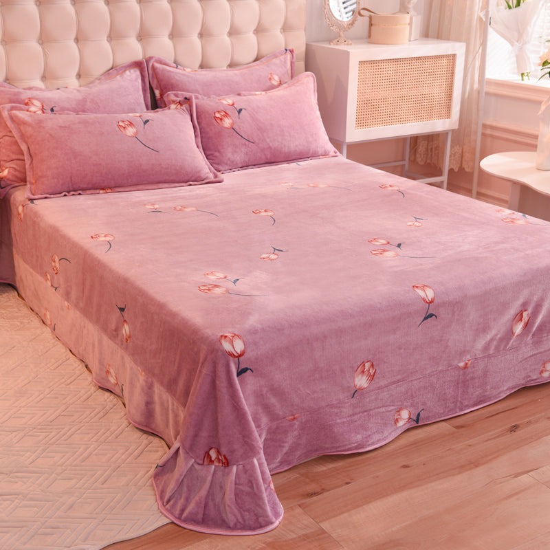 Sheet Sets Flannel Floral Printed Wrinkle Resistant Super Soft Breathable Bed Sheet Set