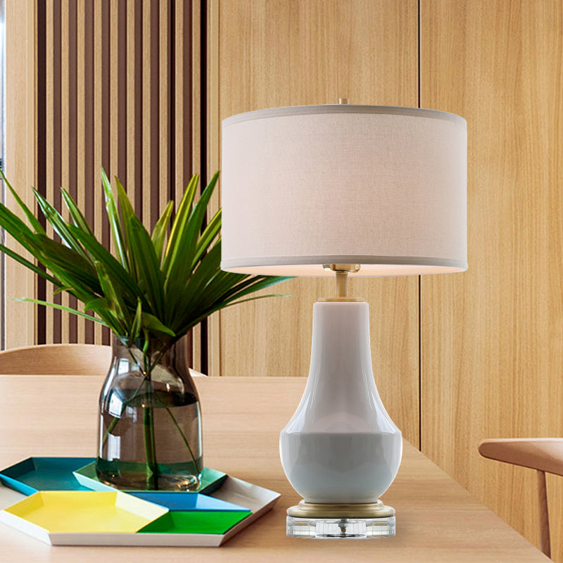 White Drum Table Light Modernist 1 Bulb Fabric Night Lighting with Vase Ceramic Base
