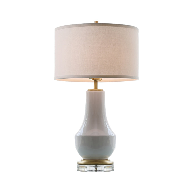 White Drum Table Light Modernist 1 Bulb Fabric Night Lighting with Vase Ceramic Base