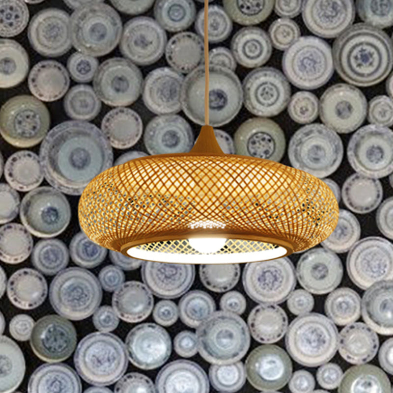 Modernisme Round Bamboo Pendent lampe 1 tête plafond suspendu plafond en beige pour le salon de thé