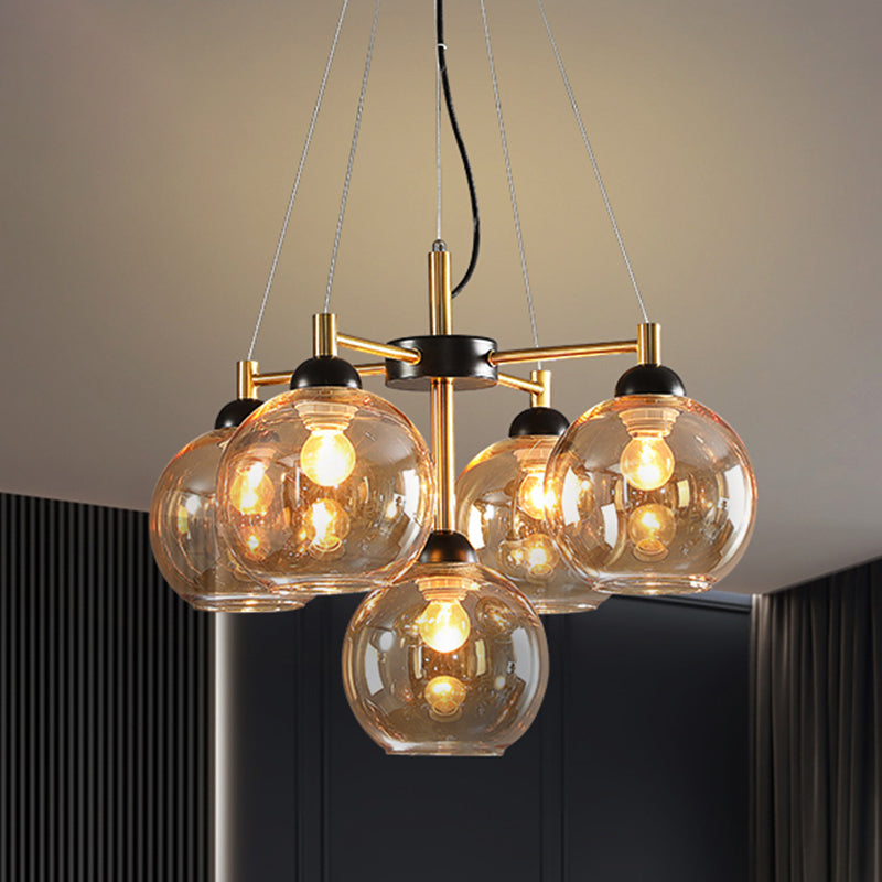 Amber / Smoke Grey Glass Spherical Chandelier Light Modernisme 5 têtes Black Finish Pendant Lighting Ayémorrat