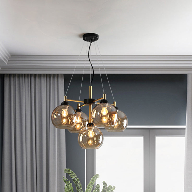 Amber / Smoke Grey Glass Spherical Chandelier Light Modernisme 5 têtes Black Finish Pendant Lighting Ayémorrat