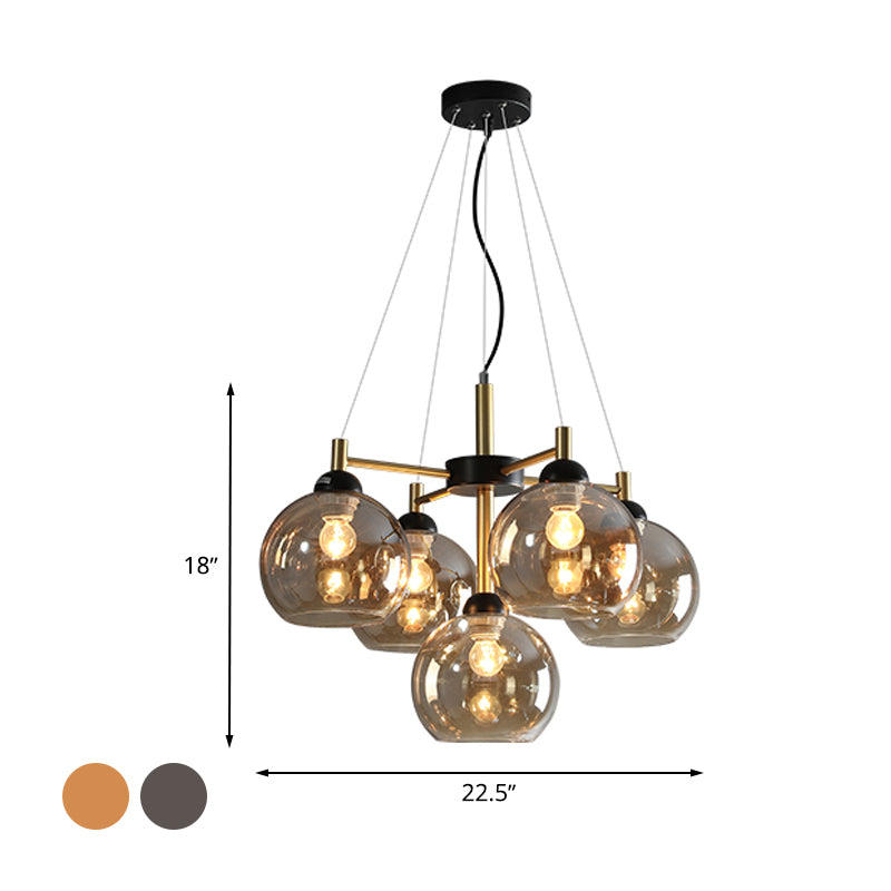 Amber / Smoke Grey Glass Spherical Chandelier Light Modernisme 5 têtes Black Finish Pendant Lighting Ayémorrat