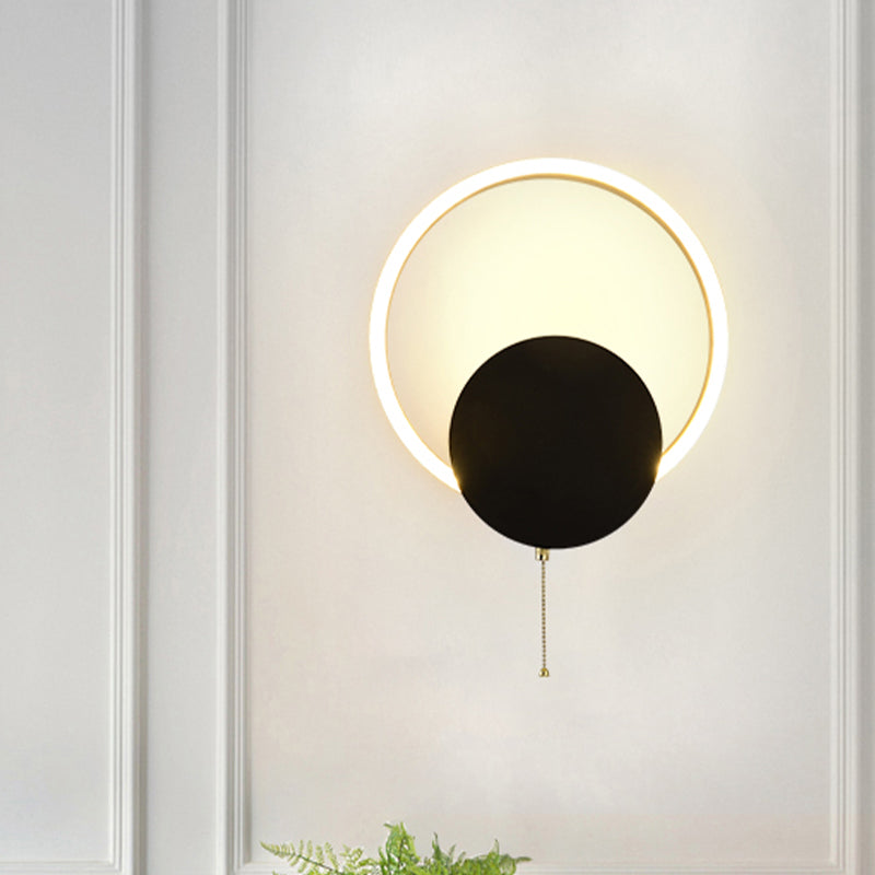 Circular Wall Mount Light Minimal Acrylic LED Bedroom Sconce in Black with Pull Chain