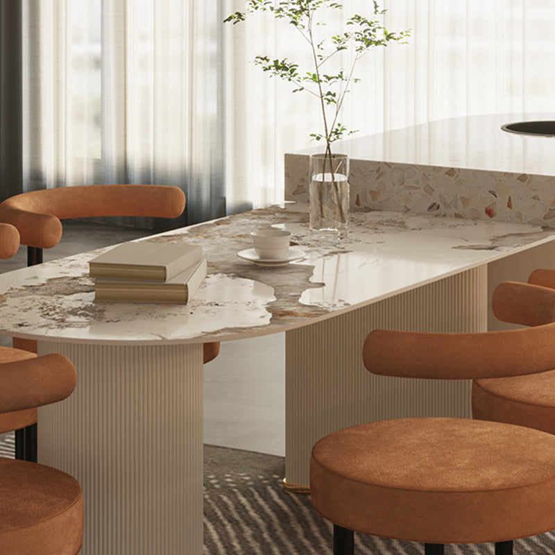 White Stone Top Dinette Table with Double Pedestal Modern Free Form Dining Table