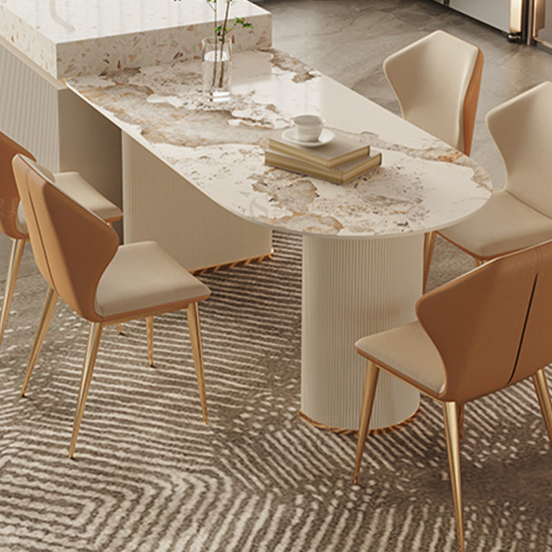 White Stone Top Dinette Table with Double Pedestal Modern Free Form Dining Table