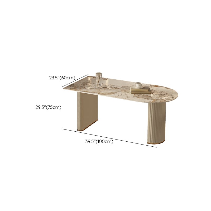 White Stone Top Dinette Table with Double Pedestal Modern Free Form Dining Table