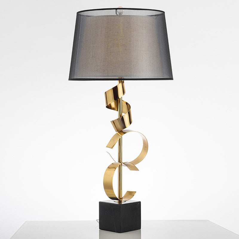 Barrel Table Light Modernist Fabric 1 Head Bedroom Nightstand Lamp in Black and Gold with Spiral Silk Ribbon Deco