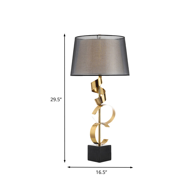 Barrel Table Light Modernist Fabric 1 Head Bedroom Nightstand Lamp in Black and Gold with Spiral Silk Ribbon Deco