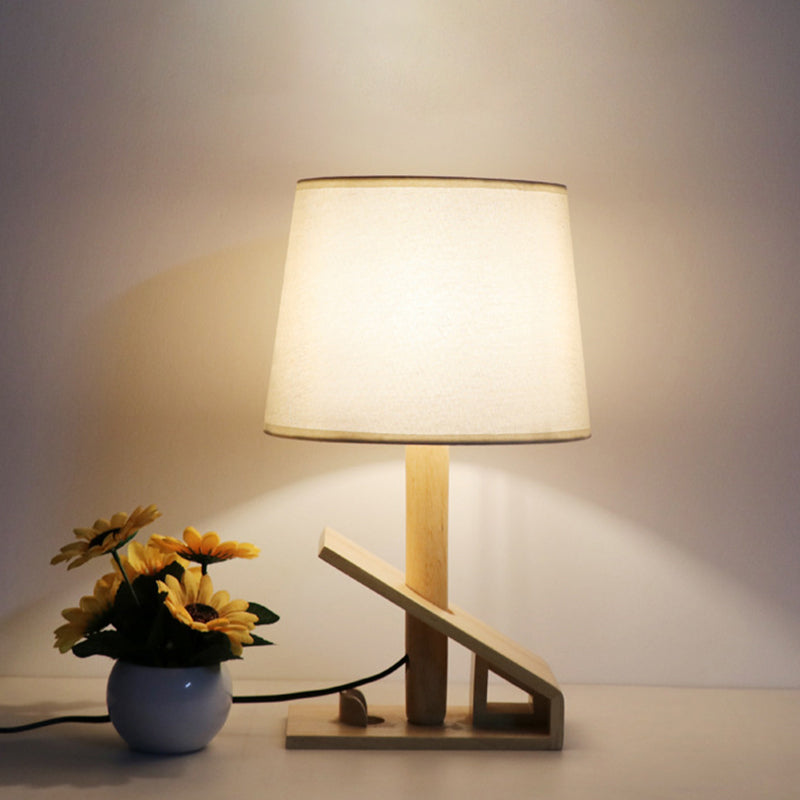Clip Shape Wood Nightstand Light Modern 1-Light White Adjustable Fabric Table Lamp with Plug-In Cord
