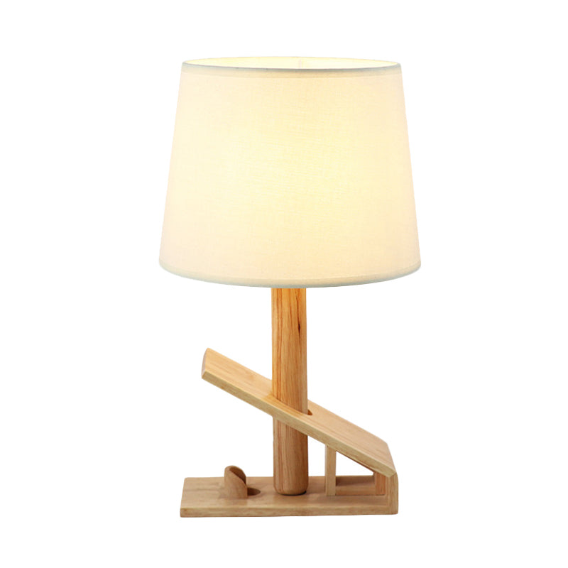 Clip Shape Wood Nightstand Light Modern 1-Light White Adjustable Fabric Table Lamp with Plug-In Cord