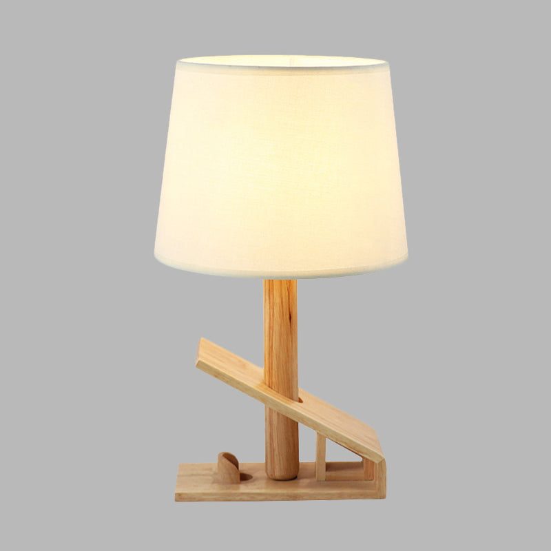Clip Shape Wood Nightstand Light Modern 1-Light White Adjustable Fabric Table Lamp with Plug-In Cord