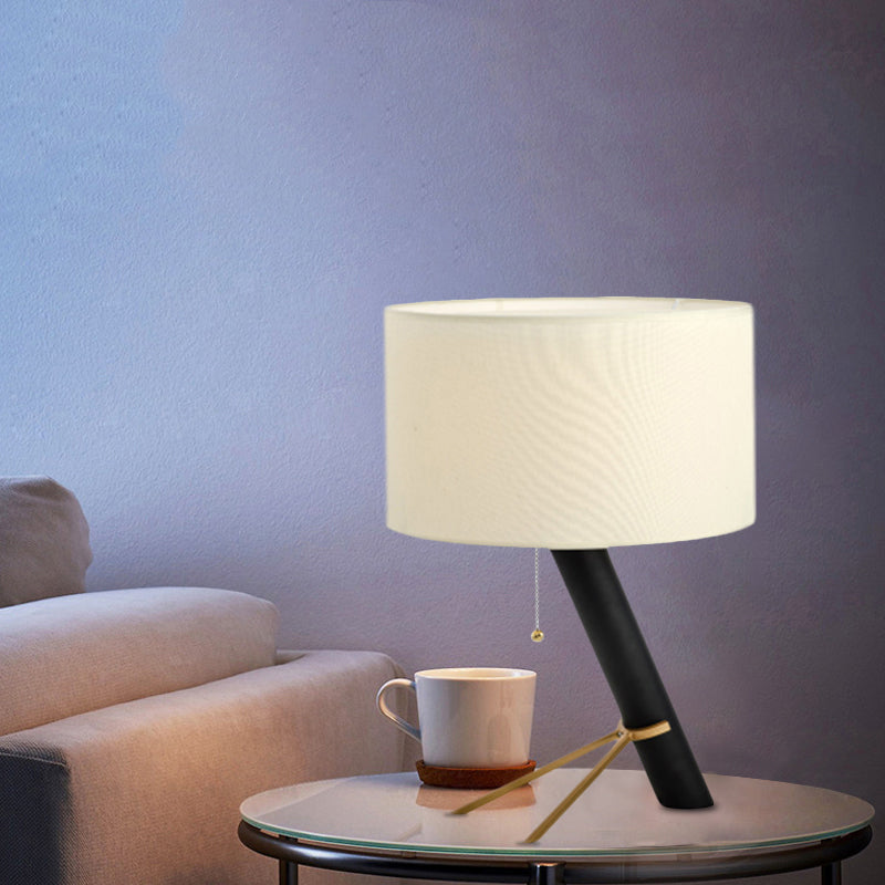 White Drum Shape Night Table Light Modern 1-Bulb Fabric Creative Desk Lamp with Pull Chain