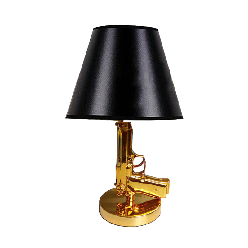 Black Finish Barrel Shade Table Light Modernist 1-Head Fabric Desk Lamp with Gold Gun-Shape Body