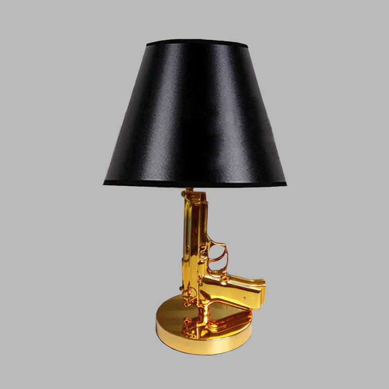 Black Finish Barrel Shade Table Light Modernist 1-Head Fabric Desk Lamp with Gold Gun-Shape Body