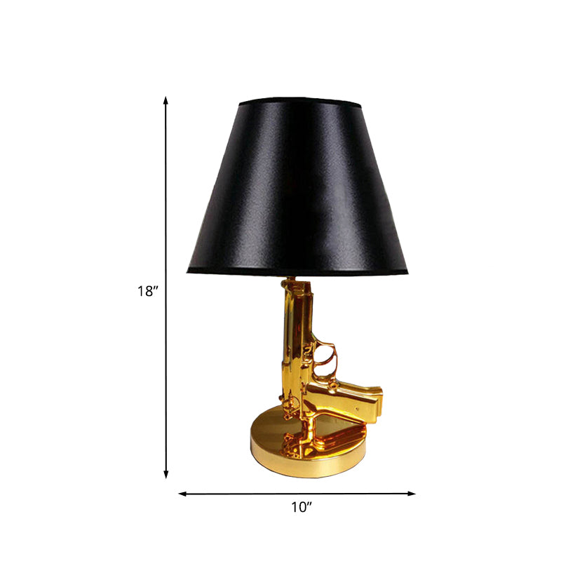 Black Finish Barrel Shade Table Light Modernist 1-Head Fabric Desk Lamp with Gold Gun-Shape Body