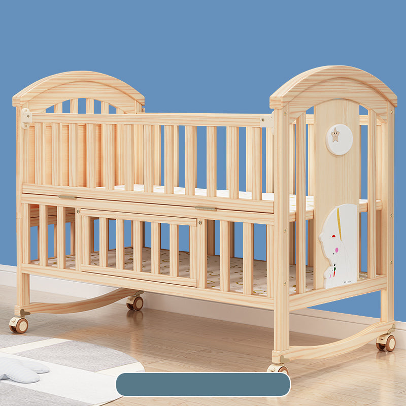 Solid Wood Convertible Baby Crib Natural Wood Crib with Casters and Storage