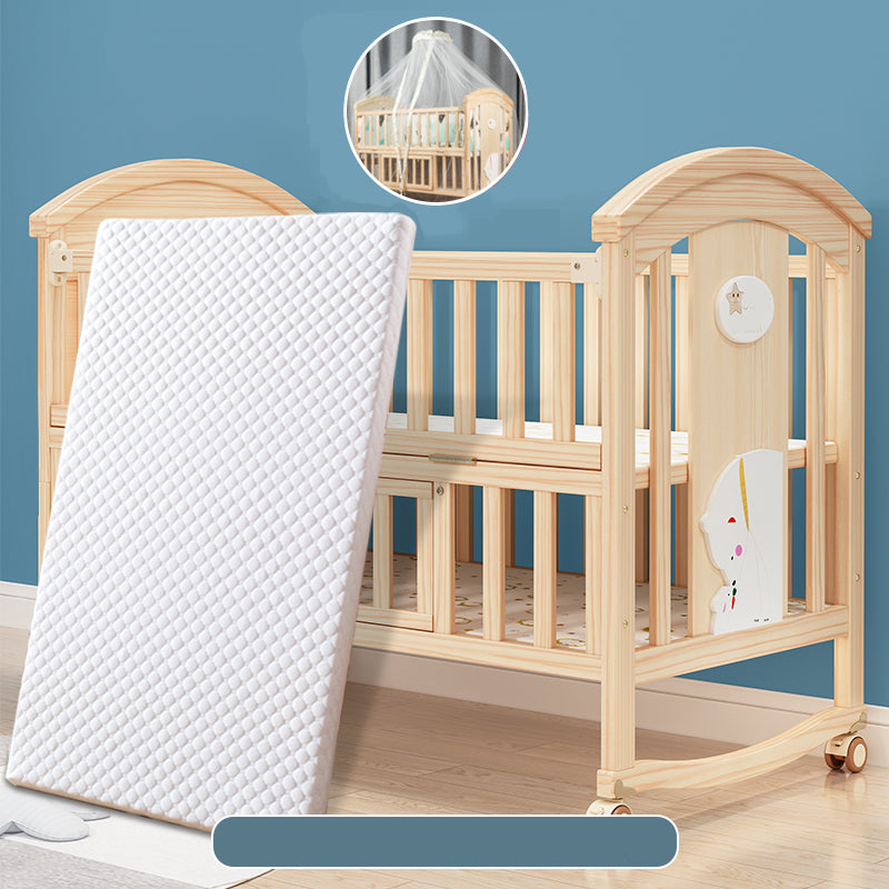 Solid Wood Convertible Baby Crib Natural Wood Crib with Casters and Storage