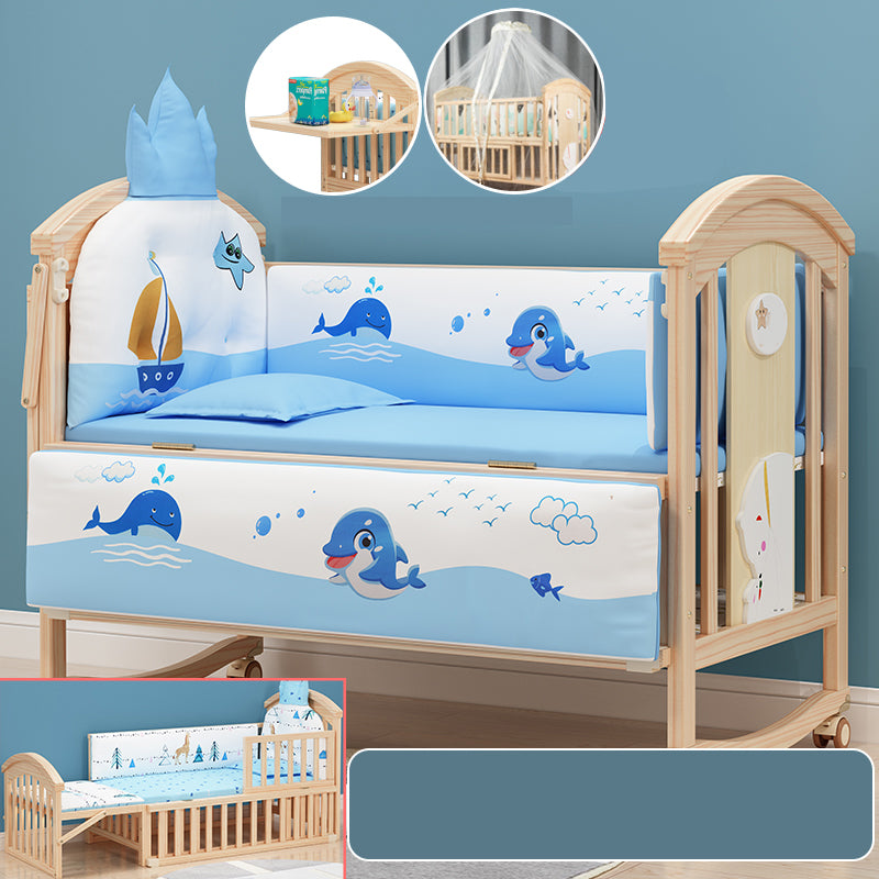 Solid Wood Convertible Baby Crib Natural Wood Crib with Casters and Storage