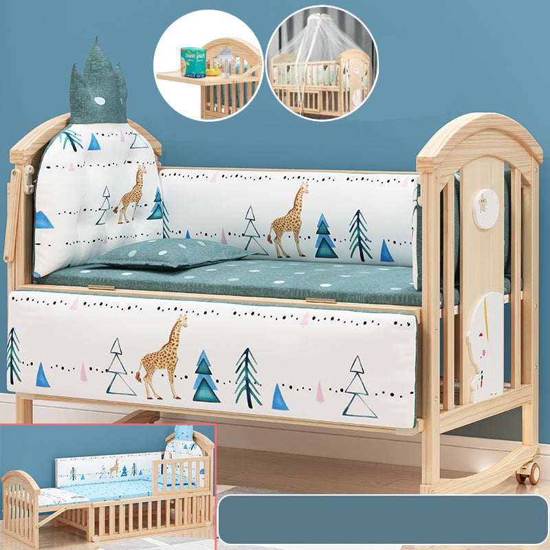 Solid Wood Convertible Baby Crib Natural Wood Crib with Casters and Storage