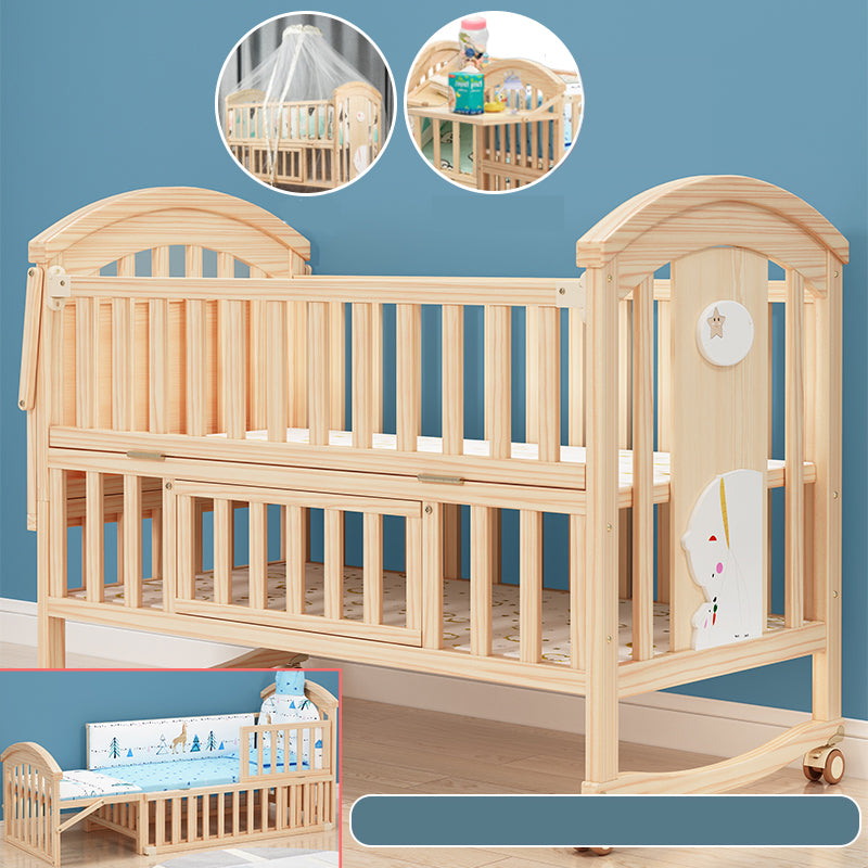 Solid Wood Convertible Baby Crib Natural Wood Crib with Casters and Storage