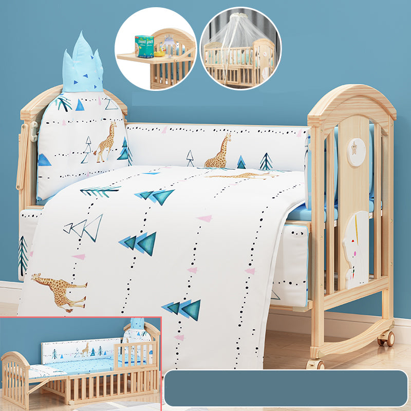 Solid Wood Convertible Baby Crib Natural Wood Crib with Casters and Storage