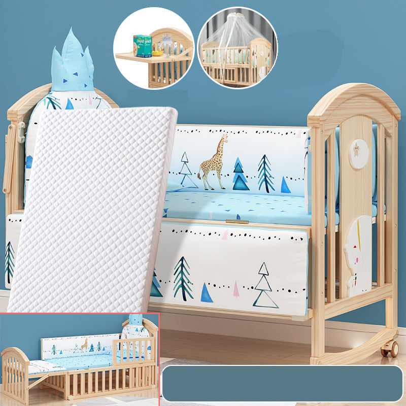 Solid Wood Convertible Baby Crib Natural Wood Crib with Casters and Storage