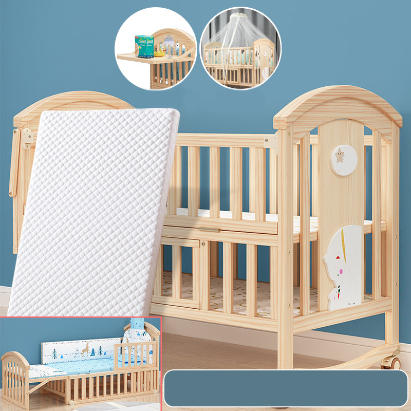 Solid Wood Convertible Baby Crib Natural Wood Crib with Casters and Storage