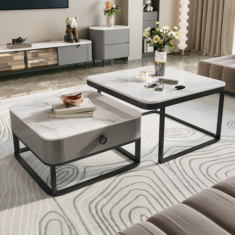 Glass/Slate Top Coffee Table Contemporary Frame Coffee Cocktail Table with Drawers