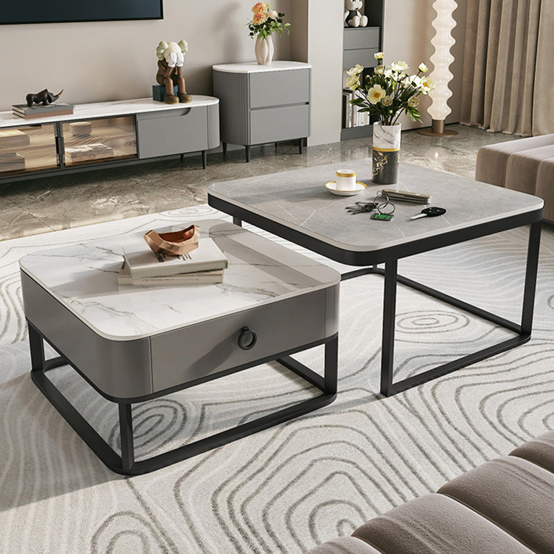 Glass/Slate Top Coffee Table Contemporary Frame Coffee Cocktail Table with Drawers