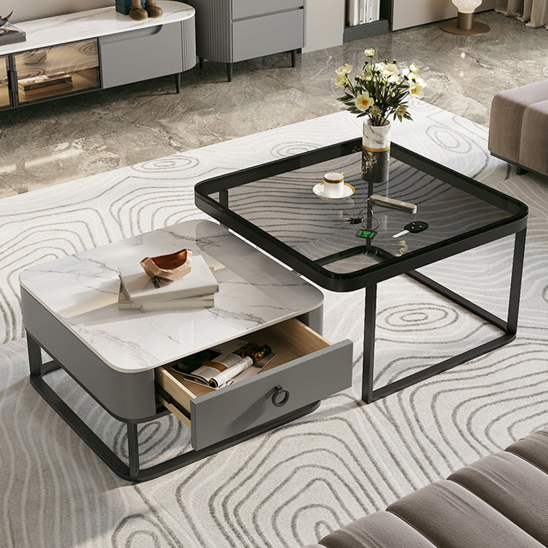 Glass/Slate Top Coffee Table Contemporary Frame Coffee Cocktail Table with Drawers