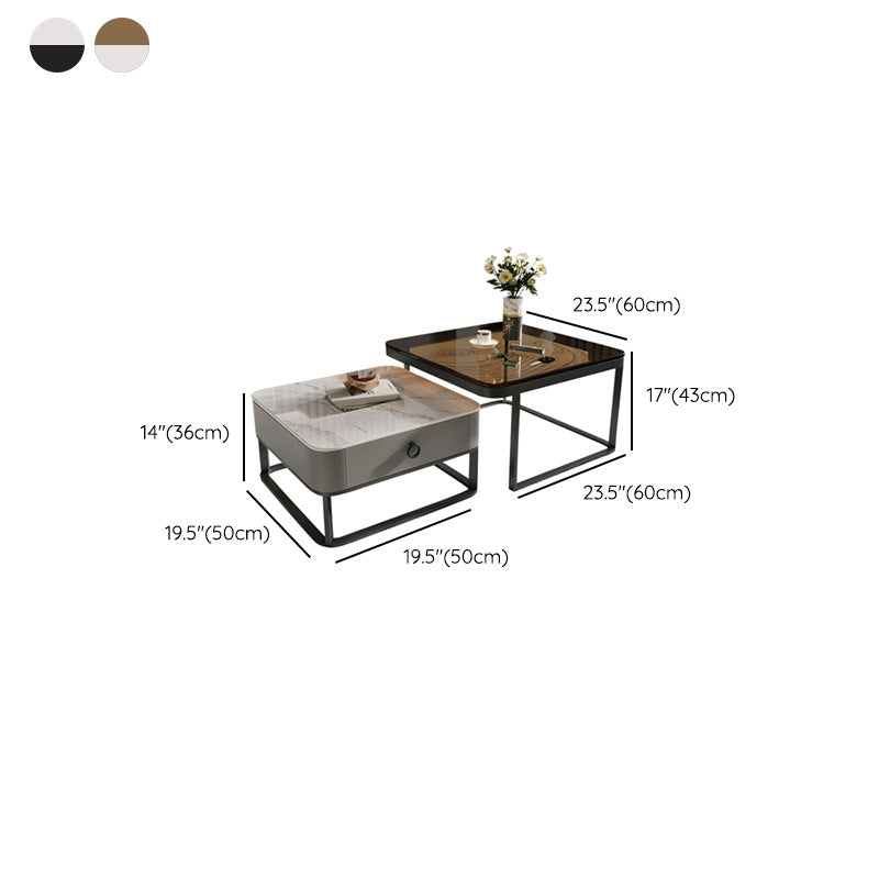 Glass/Slate Top Coffee Table Contemporary Frame Coffee Cocktail Table with Drawers