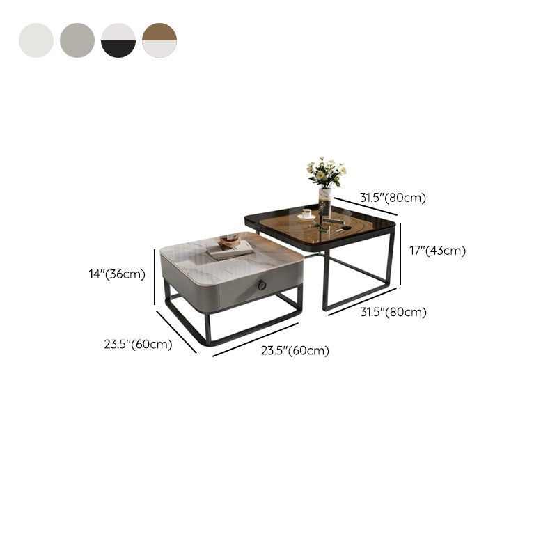 Glass/Slate Top Coffee Table Contemporary Frame Coffee Cocktail Table with Drawers