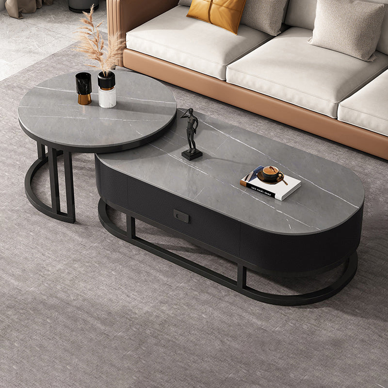 Oval Coffee Table Slate Nesting Coffee Table Set for Living Room