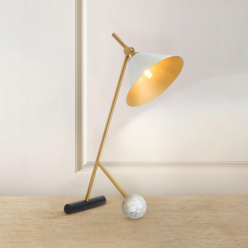 White Wide Flared Desk Lighting Modern LED Metallic Table Lamp with Tube and Orb Marble Base