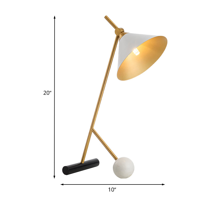 White Wide Flared Desk Lighting Modern LED Metallic Table Lamp with Tube and Orb Marble Base