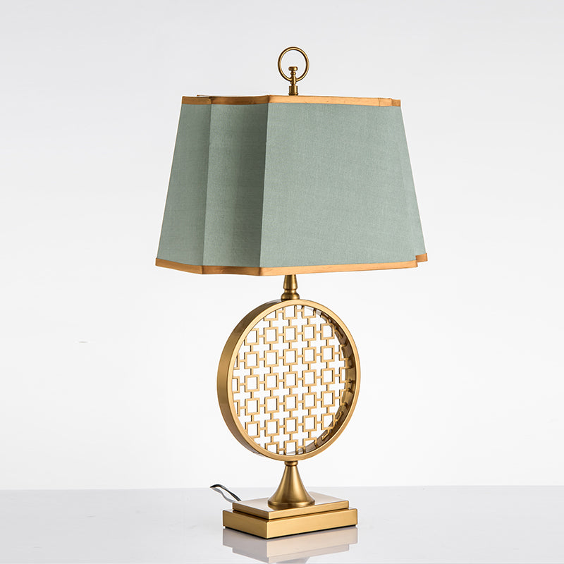 Chinese Style 1 Head Night Light Gold Drum Shape LED Desk Lamp with Green Fabric Shade