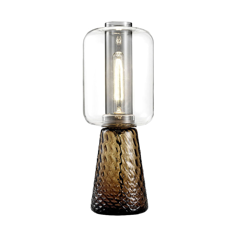 Lampada da tavolo trapezoidale per camera da letto, grigio fumo chiaro/cognac, in vetro acqua, a 1 luce, postmoderna, con paralume cilindrico
