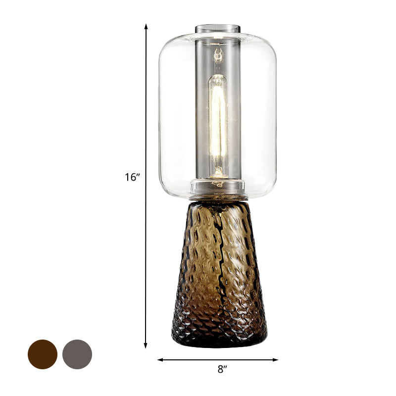 Lampada da tavolo trapezoidale per camera da letto, grigio fumo chiaro/cognac, in vetro acqua, a 1 luce, postmoderna, con paralume cilindrico