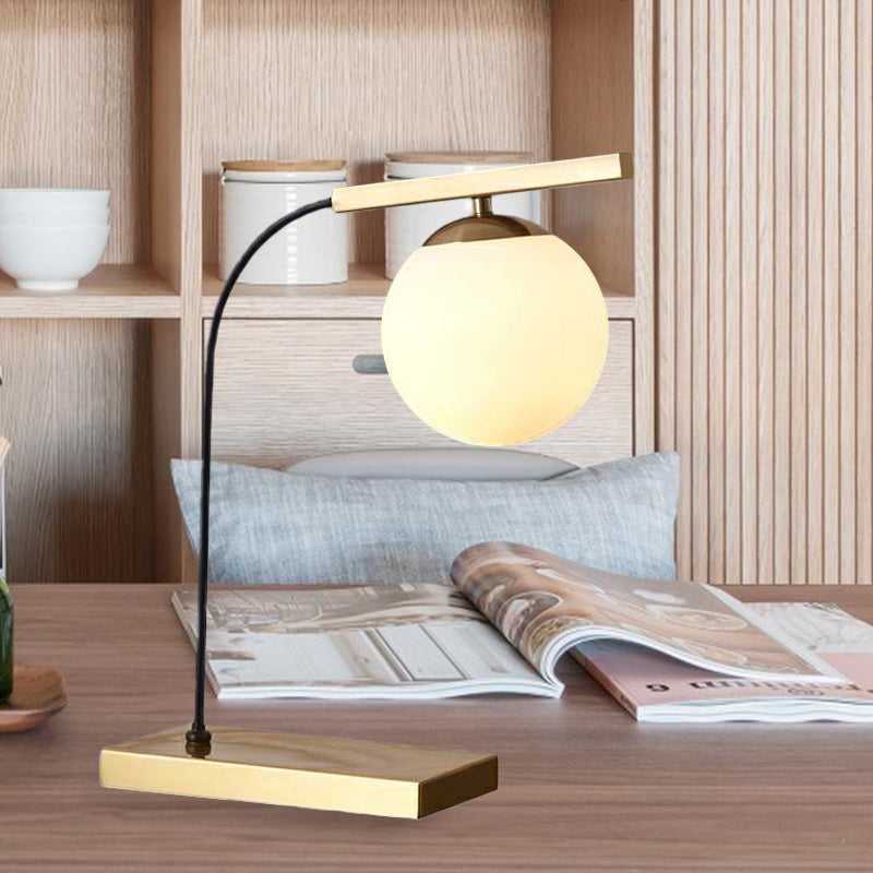 Gold Linear Table Light Postmodern 1-Head Metallic Night Lamp with Ball Milk Glass Shade