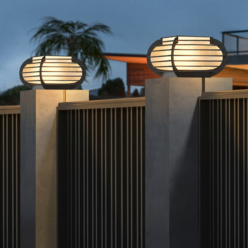 Drum Shape Metal Outdoor Light Modern 1 Light Solar Pillar Lamp in Black