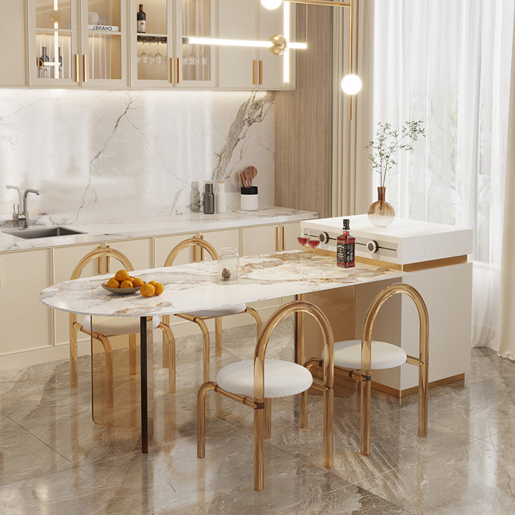 Glossy Beige Dinette Table with Double Pedestal Modern Dining Table for Home