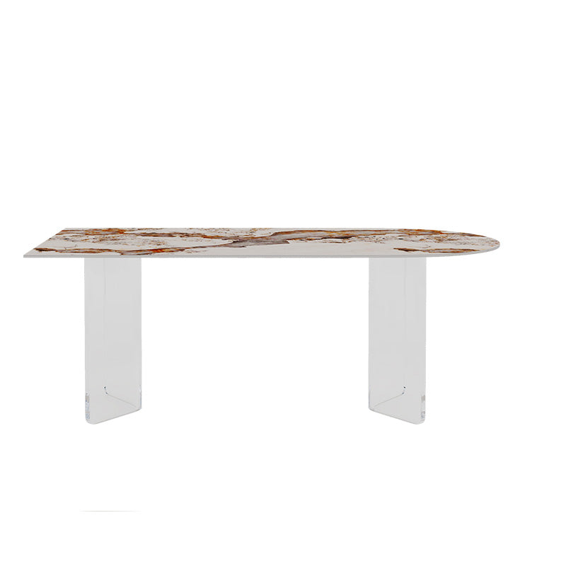 Glossy Beige Dinette Table with Double Pedestal Modern Dining Table for Home