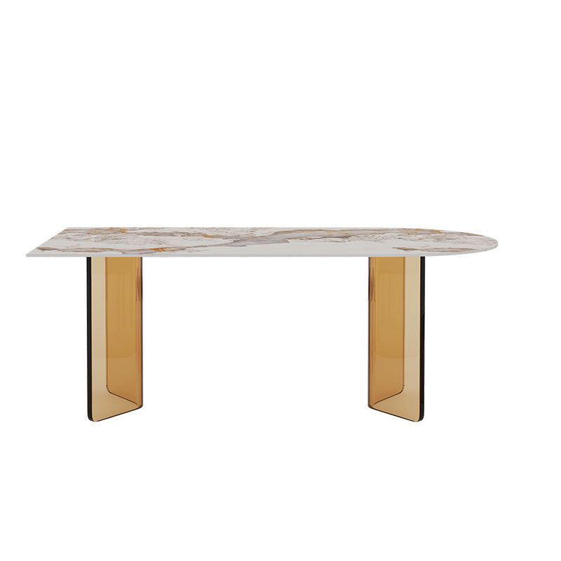Glossy Beige Dinette Table with Double Pedestal Modern Dining Table for Home