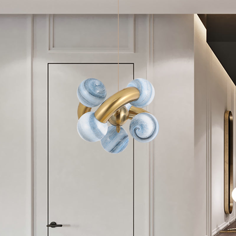 Sphere Chandelier Blue post-moderne Verre Planète Tan Planète Planet à 6 têtes LED PENDANT LEDLANT avec design torsadé