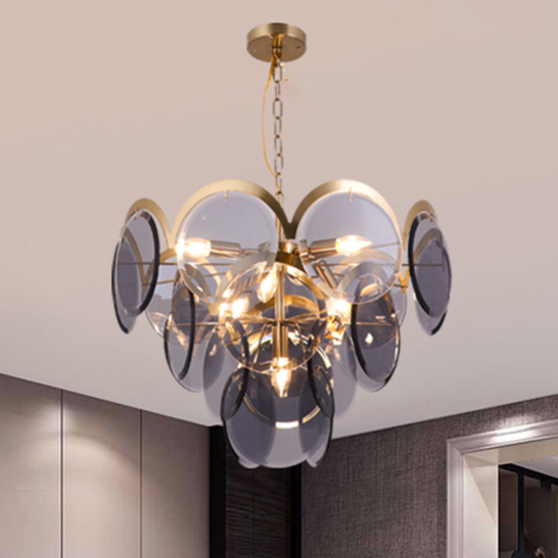 Panneau rond Pendre luminaire post moderne Smoke Grey Glass 7 Heads Heads Brass Hanging Chandelier